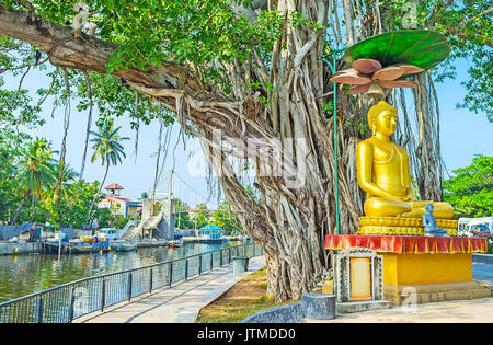 Der Spaziergang entlang der Bank von Hamilton's Kanal mit Blick auf die Meditation Buddha von Sri Gangathilaka Purana Viharaya Tempel unter dem alten Banyan Tree in W Stockfoto