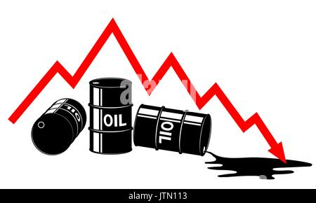 Der Rückgang des Erdölpreises. Grafik und Fässer. Die Kosten verringert. Die Krise der Wirtschaft. Schwarz und Rot. Stock Vektor