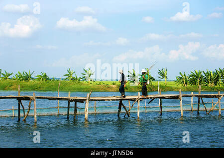 DONG THAP, VIET NAM, schöne Landschaft am Mekong Delta, Vietnam am Tag, zwei Mann zu Fuß auf alten Holzbrücke, über den Fluss, grüne Landschaft Stockfoto