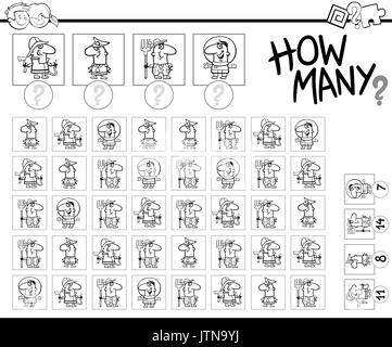 Schwarze und Weiße Cartoon Illustration von Bildungseinrichtungen, wie viele zählen Aktivität für Kinder mit professionellen Berufe Färbung Seite Stock Vektor