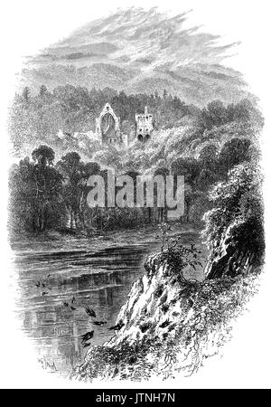 1870: Dryburgh Abbey, vom Ufer des Flusses Tweed. Es wurde im 12. Jahrhundert gegründet, dann durch englische Truppen im Jahre 1322, verbrannt, nach dem es restauriert wurde erst wieder durch Richard II. im Jahre 1385 verbrannt zu werden. Es Im fünfzehnten Jahrhundert florierte, schließlich im Jahre 1544 zerstört, kurz, um zu überleben, bis die schottische Reformation. Sir Walter Scott und Douglas Haig sind in ihrer Begründung begraben. Roxburghshire, Schottland, Vereinigtes Königreich. Stockfoto