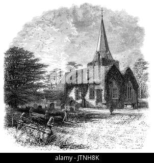 1870: Der Kirchhof und Norman Saint Giles Kirche in Stoke Poges, einem Dorf im Süden Dollars Bezirk von Buckinghamshire, England. Thomas Gray's "Elegie in der Gottesacker' geschrieben wird geglaubt, auf dem Kirchhof geschrieben worden zu sein. Stockfoto