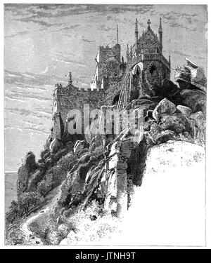 1870: Das hoch aufragende Zitadelle von mittelalterlichen St Michael's Mount, eine kleine Insel in der Gezeiten Mount's Bay, im Zusammenhang mit der Stadt von Marazion durch einen künstlichen Damm aus Granit Pflastersteine, passable zwischen Mitte Tide und niedrigen Wasser. Cornwall, England. Stockfoto