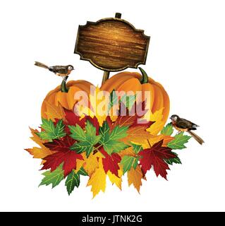 Thanksgiving vektor Herbst Zusammensetzung mit Kürbis und Herbstlaub und Vögel mit Holzbrett für Ihren Text auf weißem Hintergrund Stock Vektor
