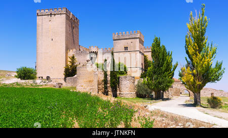 Seite Blick auf die mittelalterliche Burg von Ampudia im Sommer Tag. Provinz von Palencia, Kastilien und Leon, Spanien Stockfoto