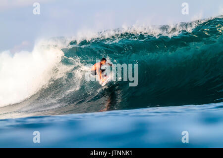 Surfer Surfen auf Wellen, Lakey Peak, zentrale Sumbawa, Indonesien Stockfoto