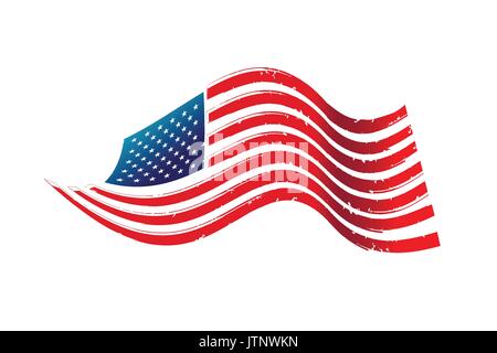 Wellenförmige amerikanische Flagge, Illustration Design, auf weißem Hintergrund. Stock Vektor