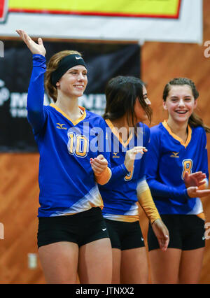 Volleyball Aktion mit Portola vs, Fall River High School in Red Bluff, Kalifornien. Stockfoto