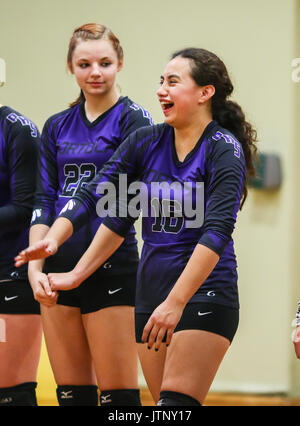 Volleyball Aktion mit Portola vs, Fall River High School in Red Bluff, Kalifornien. Stockfoto