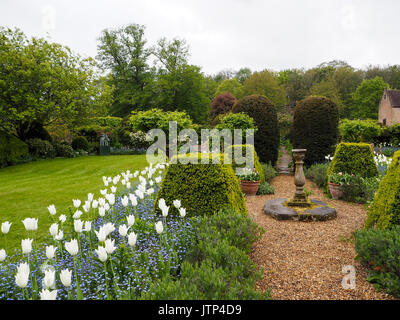 Sonnenuhr Weg durch Chenies Manor Garden im Tulip Zeit mit Rasen und Pavillon Gebäude. Hecken, Formgehölze und Kies weg durch den wunderschönen Garten. Stockfoto