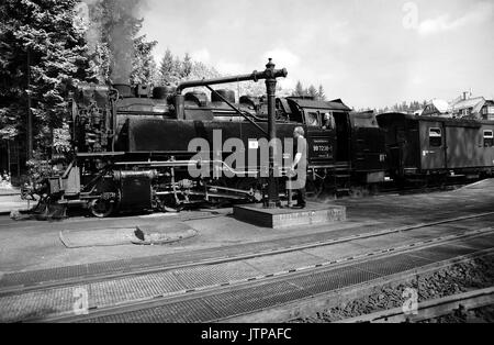 99 7238-1 nimmt Wasser in Drei Annen Hohne mit dem 09:42 Wernigerode - Brocken Service. Harzer Schmalspurbahnen. Stockfoto
