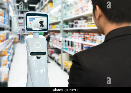 Robotik Trends, smart retail business Konzept. Autonome persönlichen Assistenten Roboter für Navigation, um Elemente in constructio Suche Stockfoto