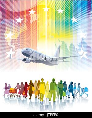 Bunte Schar von Einkaufen Leute, fliegende Flugzeug und eine Weltkarte im Hintergrund. Stock Vektor