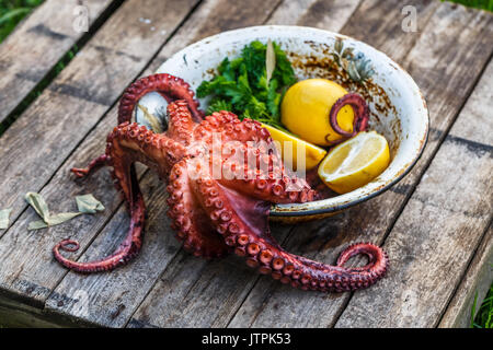 Big gekochten Tintenfisch mit Zitrone und Petersilie, rustikalen Stil Stockfoto