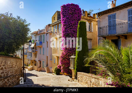 Ein buntes Straßenbild in der Altstadt, Le Suquet, in Cannes an der Cote D'azur im Süden Frankreichs. Die Häuser sind in Provinztönen gestrichen Stockfoto