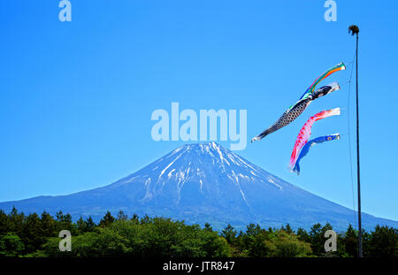 Farbenfrohe Koinobori Carp Kites vor einem klaren blauen Himmel im Asagiri Highlands mit Mt. Fuji im Hintergrund in Japan Stockfoto