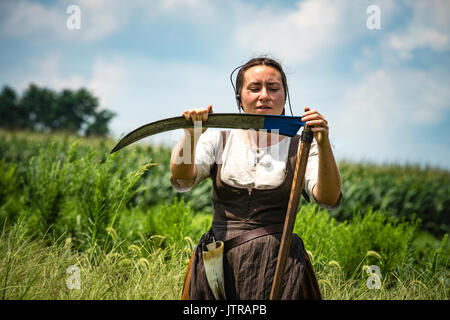 Ernte, dreschmaschine Tage, Displays und Erholung der antiken landwirtschaftliche Geräte und Techniken in Lancaster County. Stockfoto