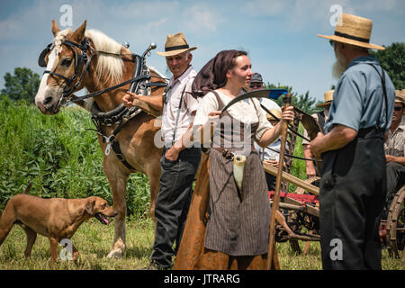 Ernte, dreschmaschine Tage, Displays und Erholung der antiken landwirtschaftliche Geräte und Techniken in Lancaster County. Stockfoto