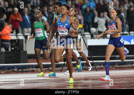 London, Großbritannien. 9. August 2017. Phyllis Francis (USA) gewinnt der Frauen 400 m-Finale bei den Londoner Stadion, am Tag sechs Der IAAF World Championships in London 2017. Salwa Eid Naser (Bahrain) zweite Allyson Felix (USA). Credit: Stephen Chung/Alamy leben Nachrichten Stockfoto