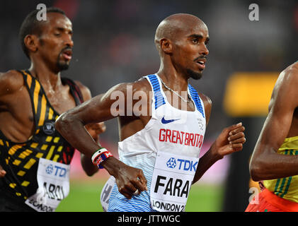 London, Großbritannien. 9 Aug, 2017. Mohamed Farah aus Großbritannien in Aktion während der Männer 5000 Meter prequalifier auf die IAAF Weltmeisterschaften, in London, UK, 9. August 2017. Foto: Bernd Thissen/dpa/Alamy leben Nachrichten Stockfoto