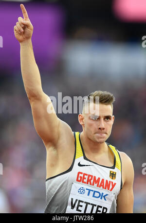 London, Großbritannien. 9 Aug, 2017. Deutschlands Johannes Vetter stellt sich für speerwerfen der Männer Qualifikation an der IAAF Weltmeisterschaften, in London, UK, 9. August 2017 werfen. Foto: Rainer Jensen/dpa/Alamy leben Nachrichten Stockfoto