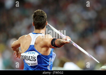 London, Großbritannien. 10-Aug-17. Ioánnis KIRIAZÍS (Griechenland) im Speerwerfen Qualifikation Gruppe B konkurrieren an der Leichtathletik-WM 2017, Queen Elizabeth Olympic Park, Stratford, London, UK werfen. Foto: Simon Balson/Alamy leben Nachrichten Stockfoto