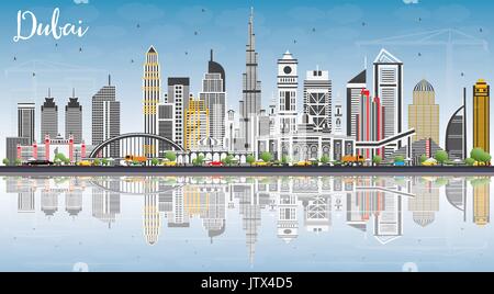 Dubai uae Skyline mit grauen Gebäude, blauer Himmel und Reflexionen. Vector Illustration. Business Travel und Tourismus Abbildung Stock Vektor