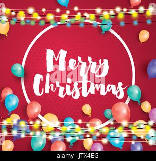 Frohe Weihnachten Grusskarte mit fliegenden Ballons, weißen Rahmen und Neon-Girlande. Vektor-Illustration. Stock Vektor