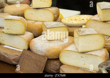 Verschiedene Käse in Packs und Lose auf den Zähler Stockfoto