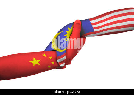 Helfende Hände von China und Malaysia mit Fahnen auf die Hände des Kindes in isolierten weißen Hintergrund gemalt Stockfoto