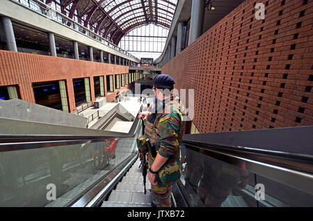 Antwerpen / Antwerpen, Belgien. Hauptbahnhof Antwerpen/Bahnhof Antwerpen-Centraal. Bewaffnete Soldaten auf einer Rolltreppe Stockfoto