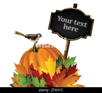 Thanksgiving vektor Herbst Zusammensetzung mit Kürbis und Herbstlaub und Vögel mit schwarzem Brett für Ihren Text auf weißem Hintergrund Stock Vektor