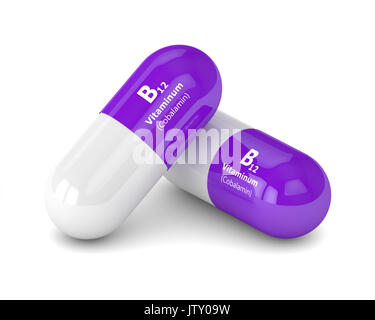 3D-rendering Vitamin B 12 Pillen auf weißen Hintergrund. Konzept der Nahrungsergänzungsmittel Stockfoto