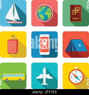 Travel Icon Set. Es enthält Boot, Globus, Reisepass, Gepäck, mobile Map, Zelt, Jurte, Bus, Flugzeug, und Kompass. Alle diese Icons sind sehr Deta gezeichnet Stock Vektor