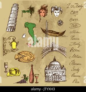 Symbole von Italien, von Hand gezeichnet, Vector Illustration Stock Vektor