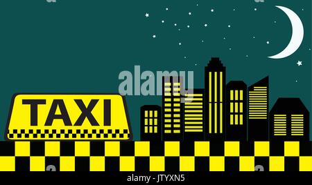 Schwarze Karte mit Taxi und Nacht Wolkenkratzer, Vector Illustration Stock Vektor