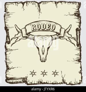 Retro Style Rodeo Plakat mit Longhorn Schädel, der Ribbon Banner und Mustertext auf. Hand zeichnen, Vektor Stock Vektor