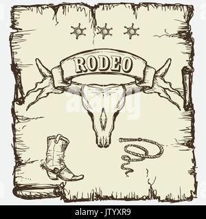 Retro Style Rodeo Plakat mit Longhorn Schädel, der Ribbon Banner und Mustertext auf. Stock Vektor