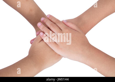 Die vier Kind Hände auf einander in isolierten weißen Hintergrund gefaltet Stockfoto