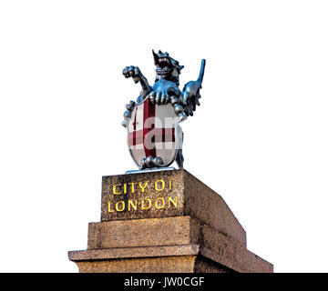 Stadt London Griffin auf Sockel, auf weißem Hintergrund. St George Drachen Statue in London, Großbritannien. Symbol für England. Stockfoto