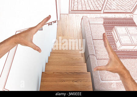Zeichnung und geplante Hartholz Treppe und Rampe im modern renoviertes Wohnzimmer Stockfoto