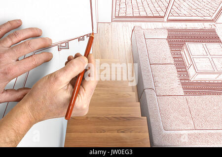 Zeichnung und geplante Hartholz Treppe und Rampe im modern renoviertes Wohnzimmer Stockfoto