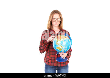 Schüler mit Globus posing Stockfoto