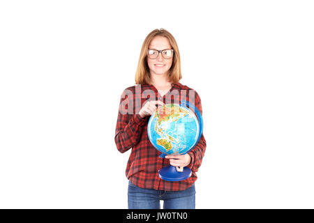 Schüler mit Globus posing Stockfoto