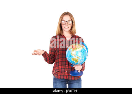 Schüler mit Globus posing Stockfoto