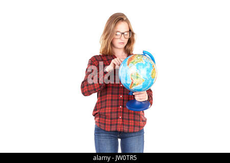 Schüler mit Globus posing Stockfoto