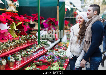 Glücklich lächelnde junge Paar kaufen Christmas Star Blume am Markt. Flache Tiefenschärfe Stockfoto