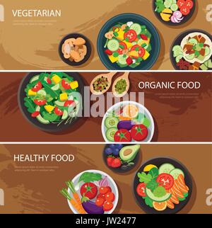 Essen Web Banner flache Bauform. Vegetarische, biologische Lebensmittel, gesunde Ernährung Stock Vektor