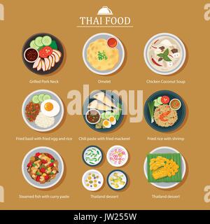Vektor einrichten Der thailändische Essen, flache Bauweise Stock Vektor