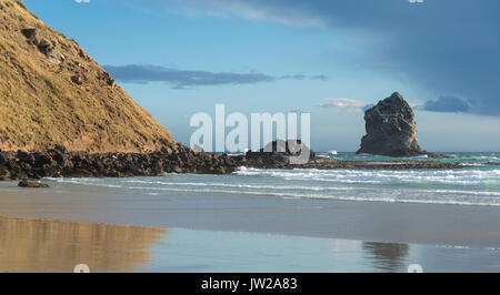 Sandstrand mit Felsen im Meer, Sandfly Bay, Otago, Neuseeland Stockfoto